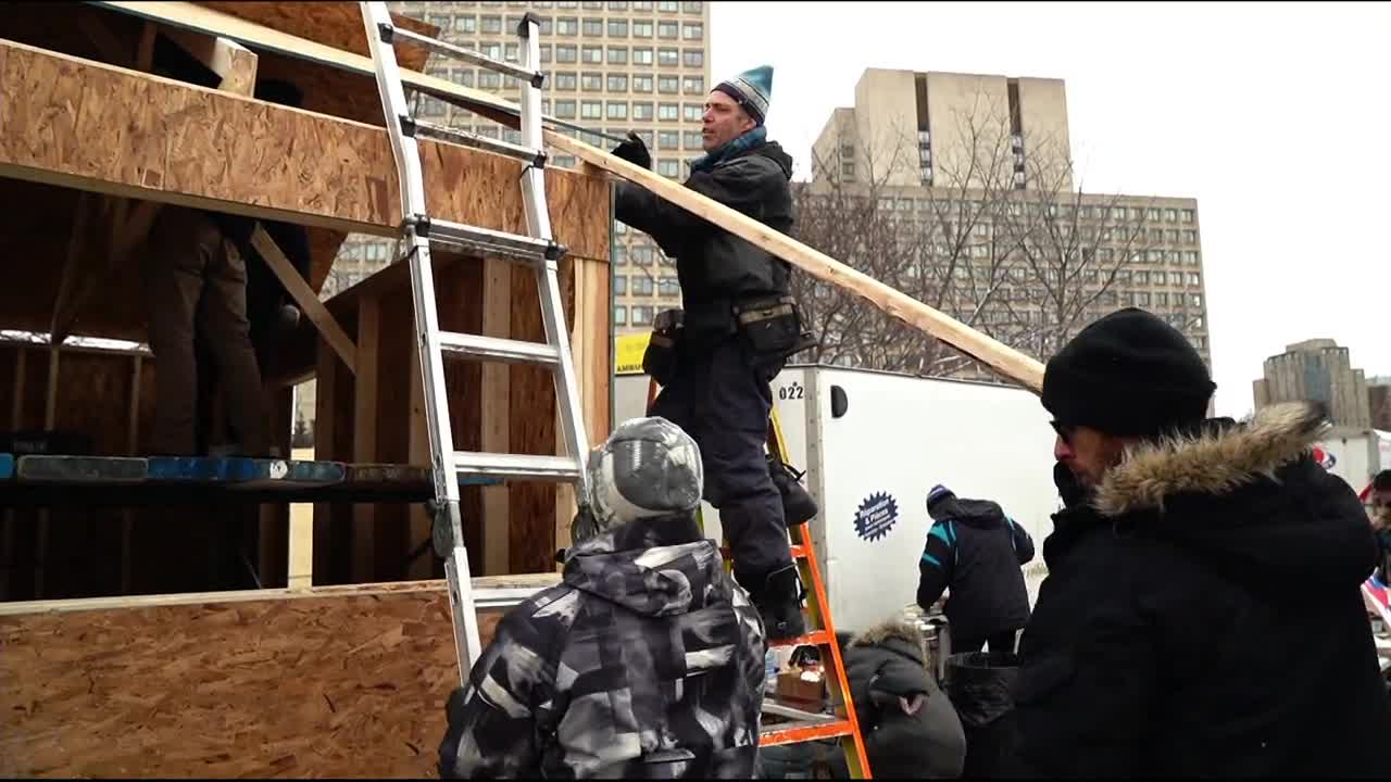Near Parliament Hill, Freedom Protestors are building wooden structures