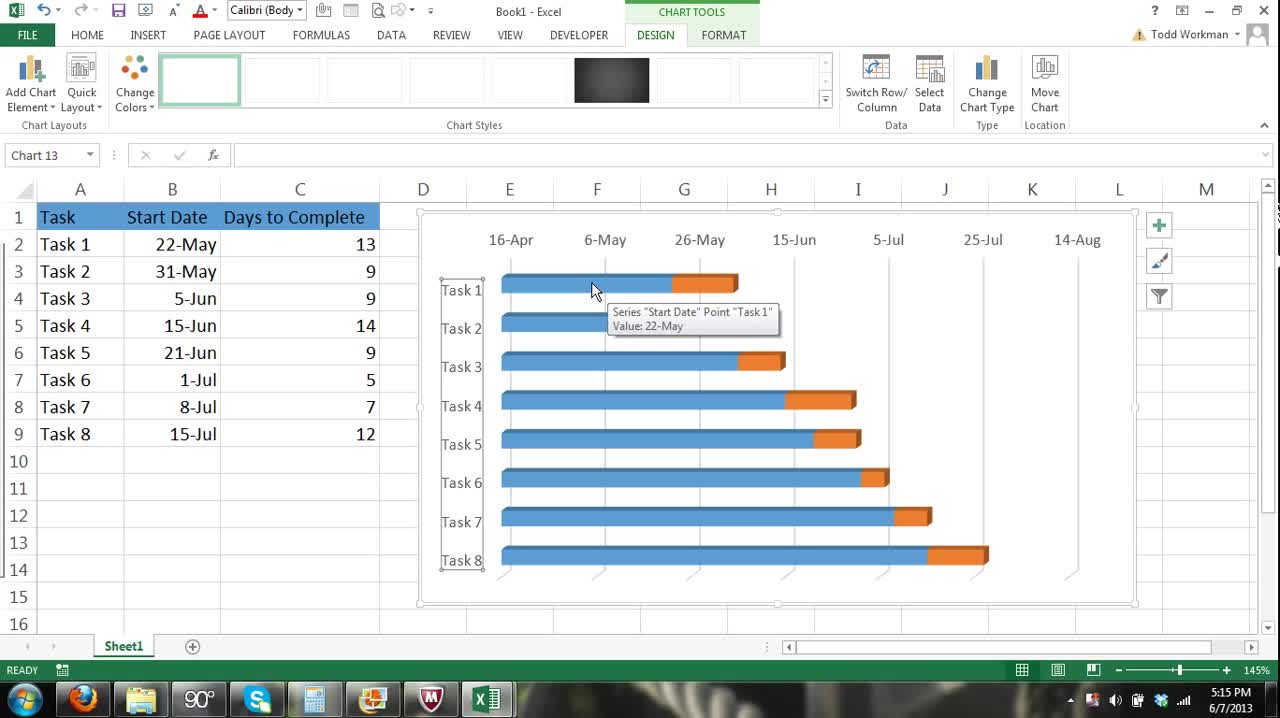 Microsoft Excel Gantt Chart Tutorial - How to Create a Gantt Chart w/Excel 2013 Bar Chart