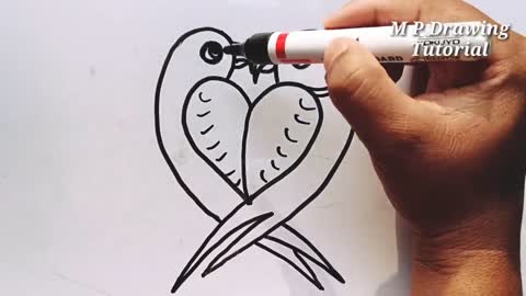 Two Parrots In Love By Using Heart - How To Draw Two Birds In Love By Using Heart - Draw Love Birdsp