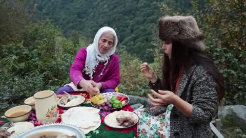 Cooking zing pilaf with veal leg in autumn nature