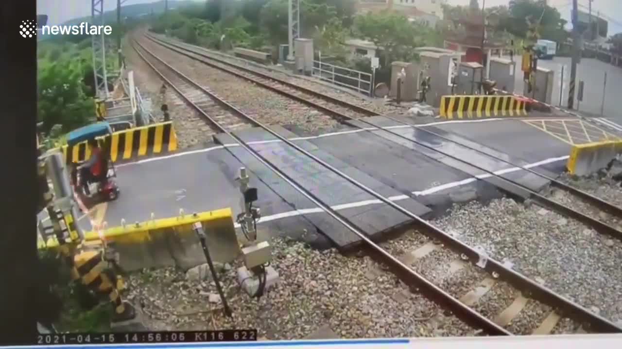 ‘Rebellious’ grandma dashes through level crossing with her mobility scooter in Taiwan