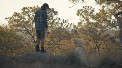 A man feeding and peting his dog at a forest