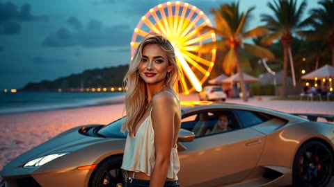 Beautiful blonde woman beside lamborghini vibe neon light bali beach long shot