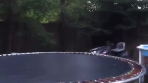 Guy near pool backflips off of trampoline