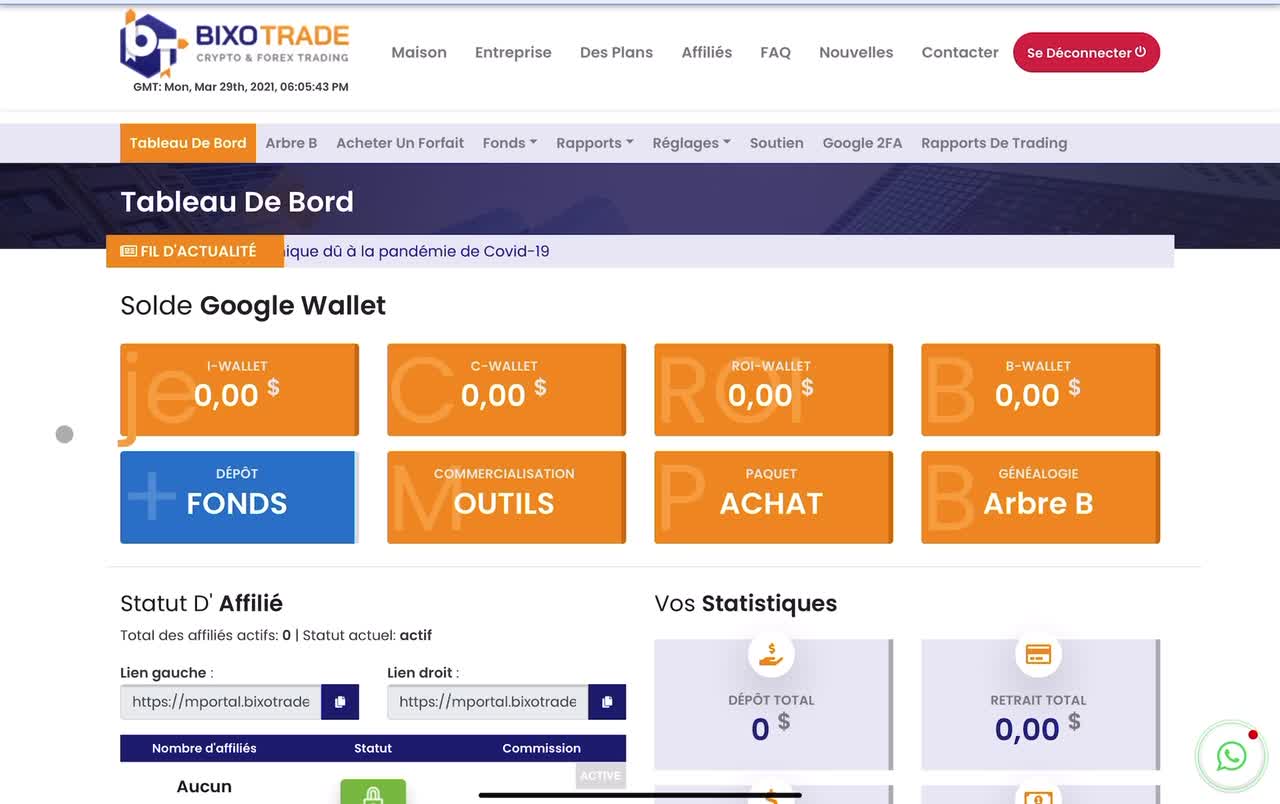 Déposer des fonds sur bixo trade