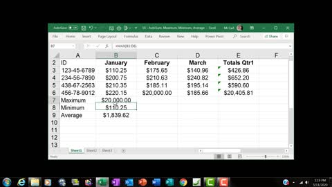 AutoSum, Maximum, Minimum, Average