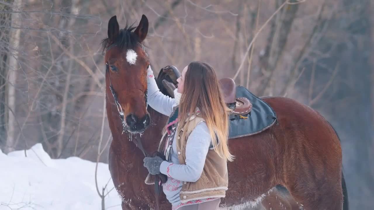 Portrait of beautiful female rider and her black horse in winter field