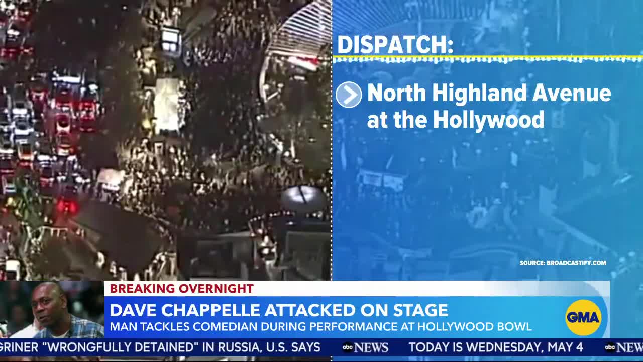 Dave Chappelle was attacked onstage as he performed at Hollywood Bowl arena.