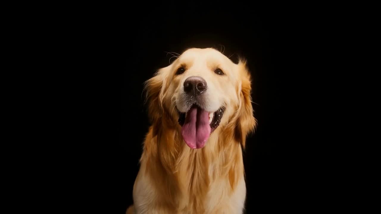 Golden retriever on black background, sitting under the fan,