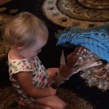 Fawn Suckles On Baby Girl's Fingers In Family Living Room