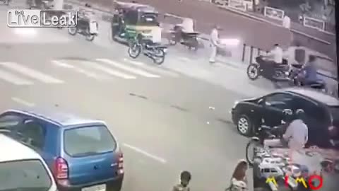 Man in the crosswalk tries to catch the bus, will he make it?