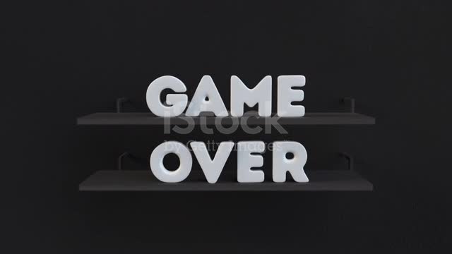 Game over white text on black shelves.