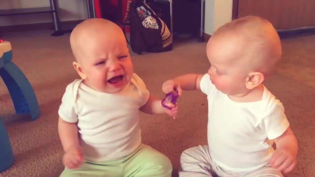 Twin babies fighting over pacifier