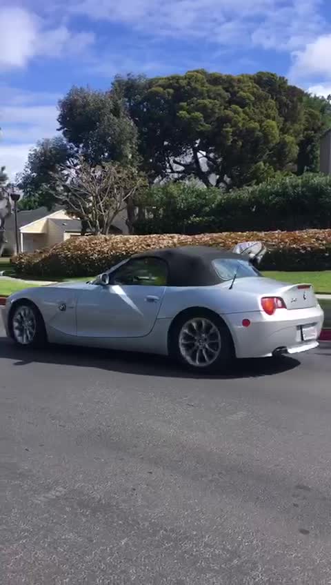 Guy bmw z4 coupe convertible driving with surfboard out of window