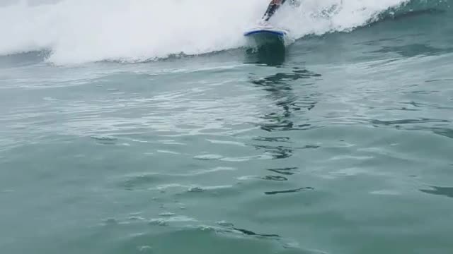 Guy in blue wet suite surfing high fives guy filming