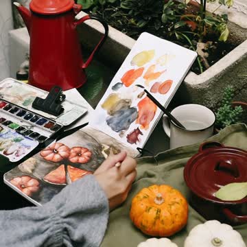 Young Woman Painting in Notebook Close up