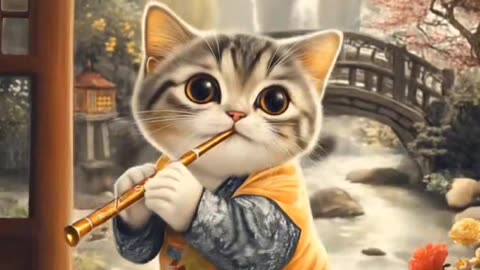 Chinese Cat Playing the Flute by a Flowing Stream