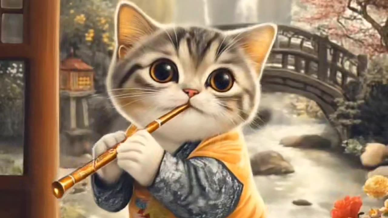 Chinese Cat Playing the Flute by a Flowing Stream