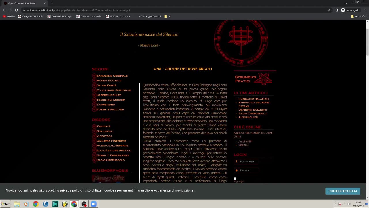 L'Ordine dei Nove Angoli ONA Settuplice Via Sinistra-I culti più strani e segreti DOCUMENTARIO l'ONA è un gruppo occultista satanico di via sinistra neonazista che ha sede a Shropshire in Galles,gruppi associati hanno sede in altre parti