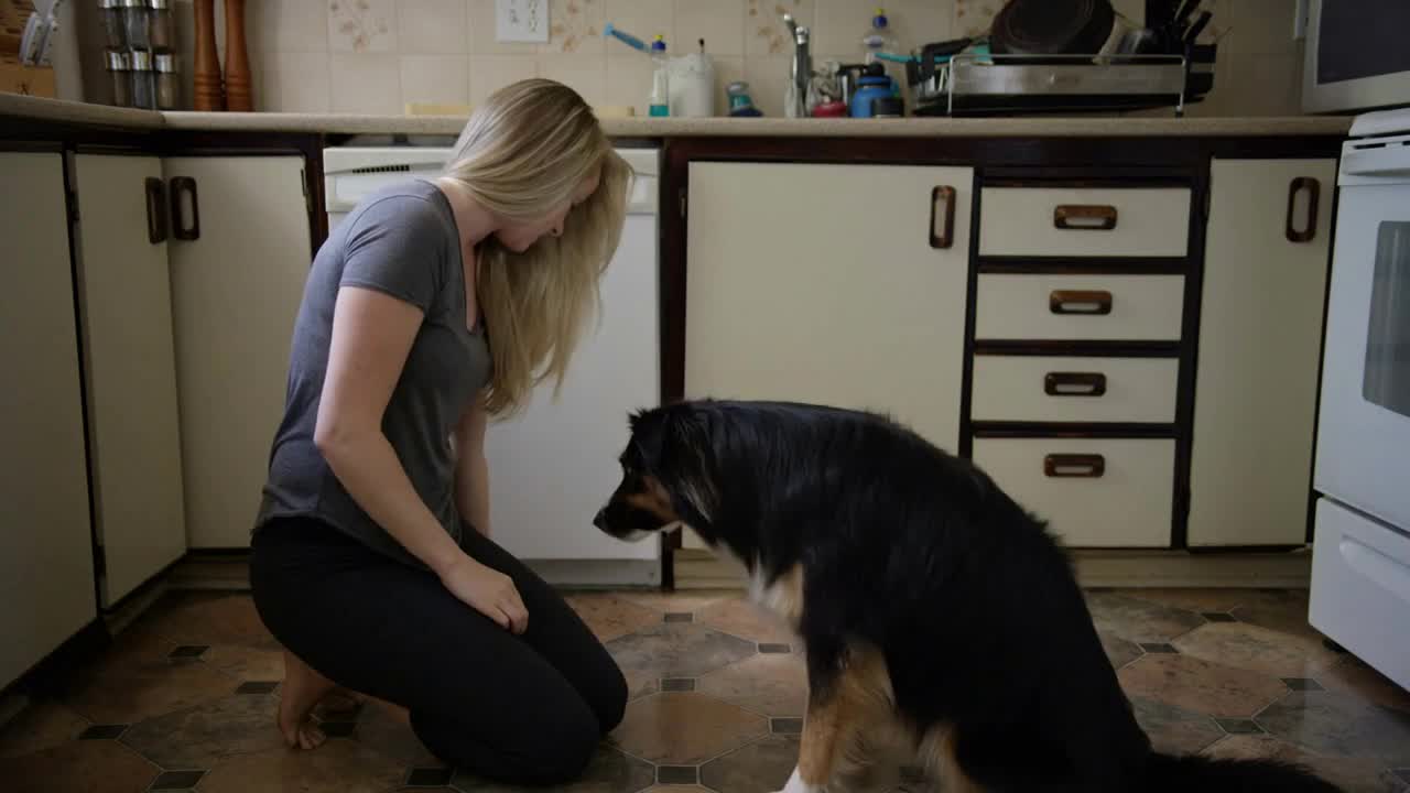 Dog shaking a paw in the kitchen for a treat