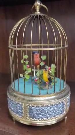 German Automaton Singing Birds in Brass Cage