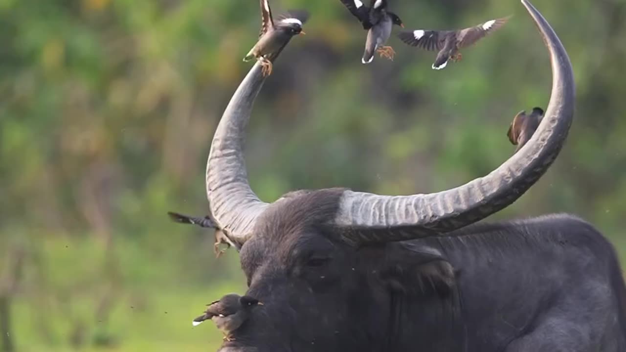 Buffalo in open nature with its guest