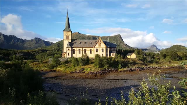 vagan church in the village of kabelvag at lofoten norway