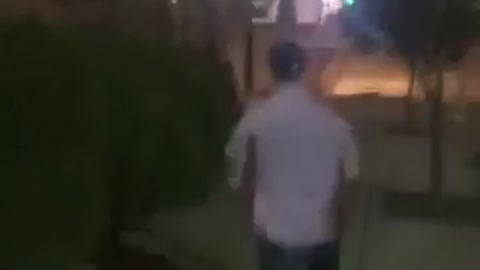 Man in button down shirt runs down sidewalk and dives into bush