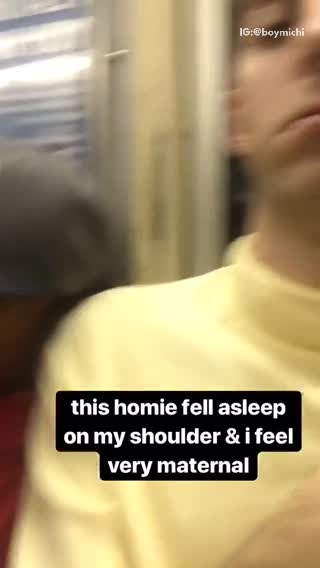 Guy yellow shirt black beanie guy subway falls asleep on shoulder