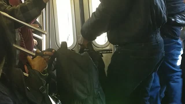 Two guys black jackets fighting on subway train