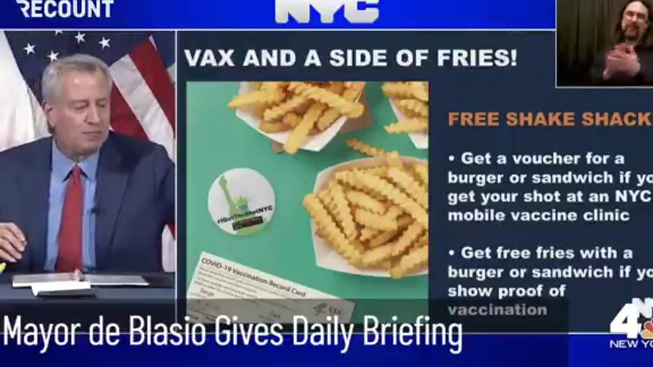 Video from May 13, 2021 – Bill de Blasio; Fries and Burger with Vaccine