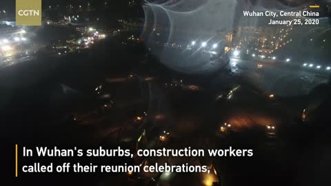 Aerial night view of construction site of Huoshenshan Hospital