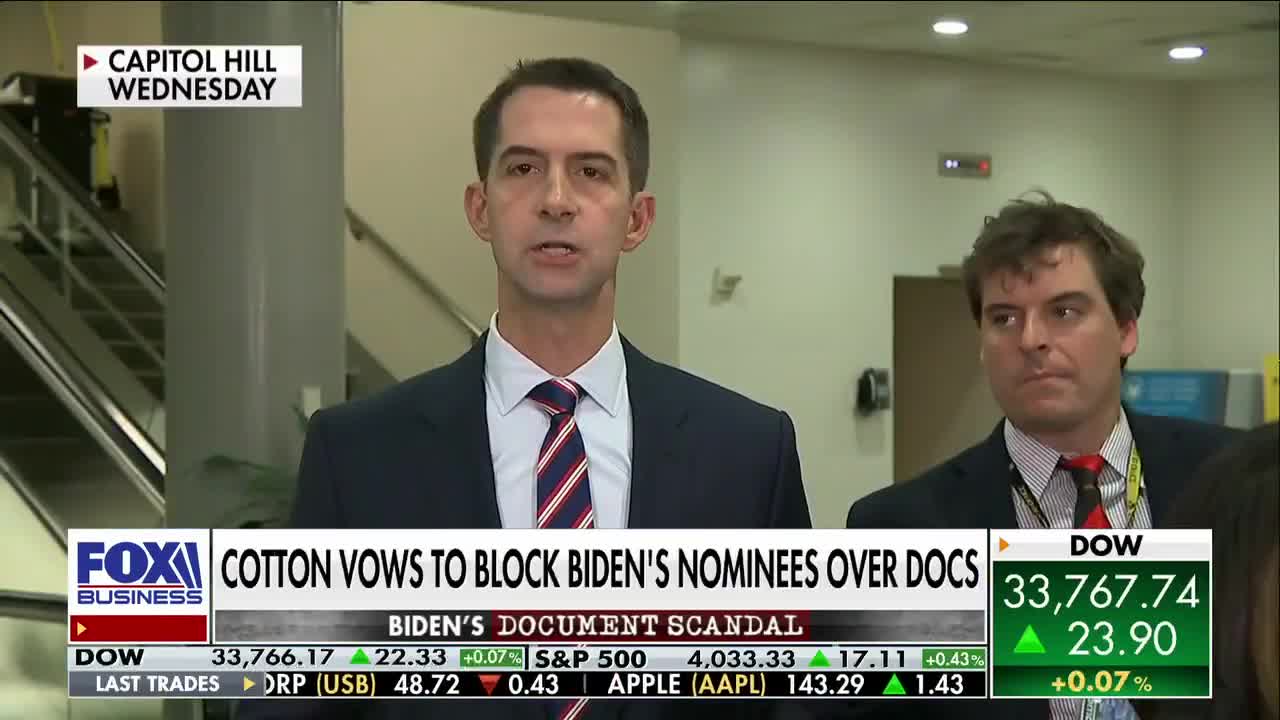 Sen. Tom Cotton vows to block Biden's nominees over documents scandal