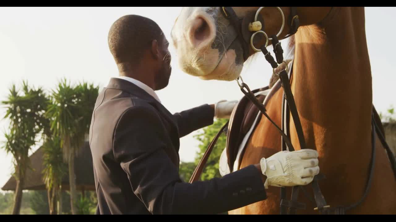 African American man ready to ride his Dressage horse