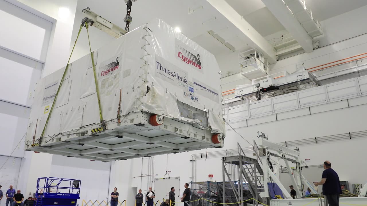 NG Cygnus Pressurized Cargo Module (PCM) Arrival at SSPF and Move to High Bay