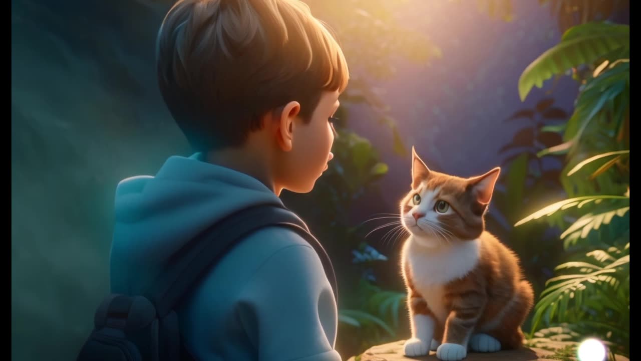 A boy and a cat adventure story in a jungle....