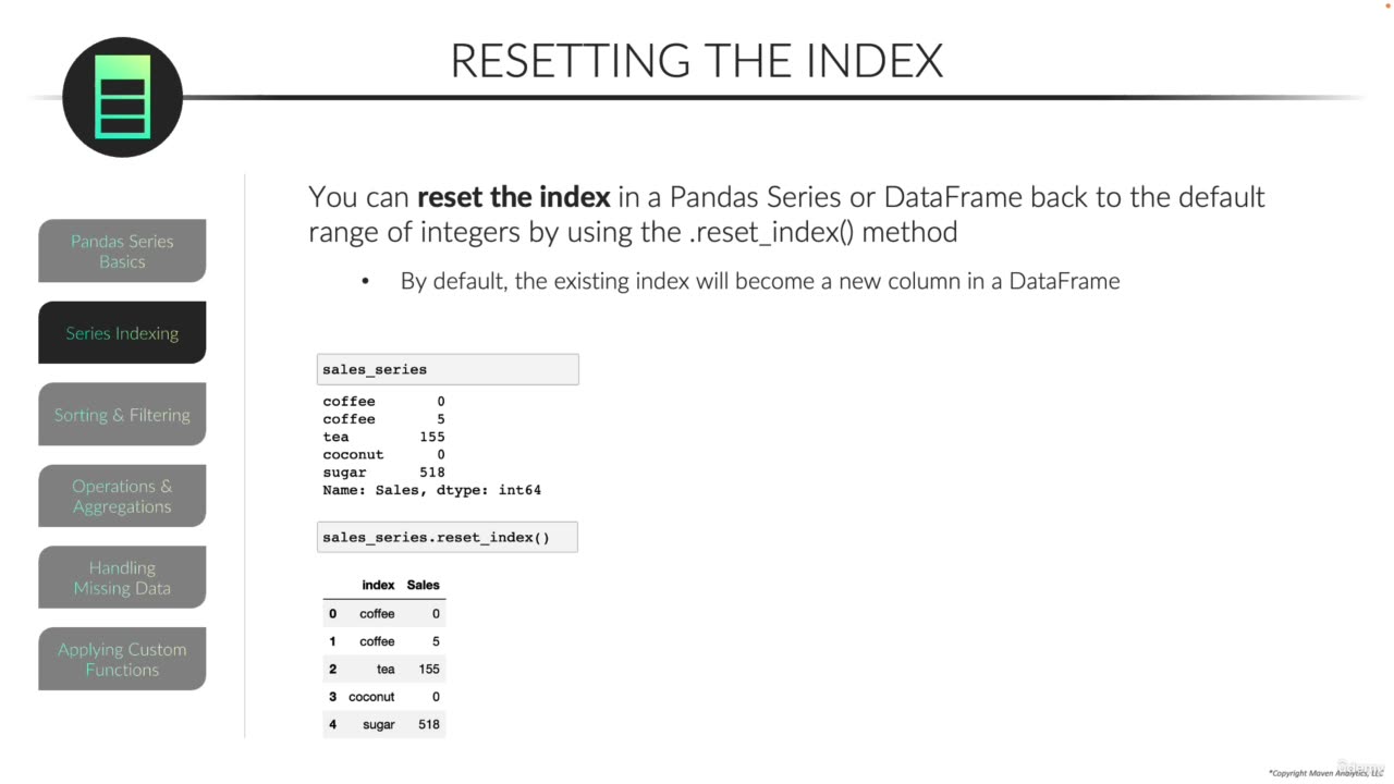 Duplicate Index Values & Resetting The Index/Pandas Series video 8