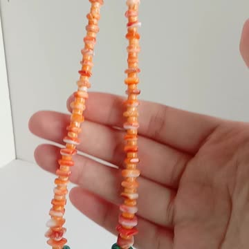 Natural turquoise pendant and red spiny oyster beads with orange square beads necklace gift