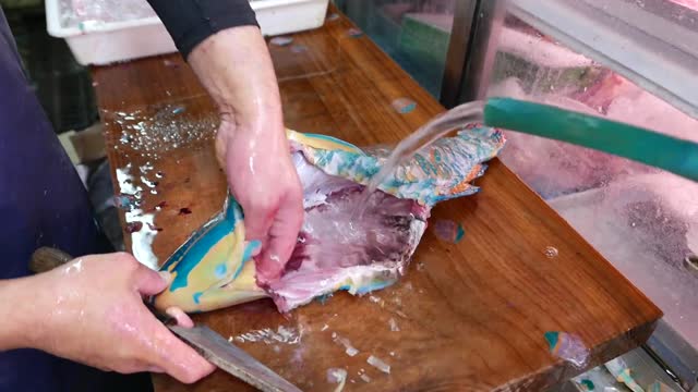 Japanese Street Food - GIANT PARROTFISH SASHIMI Okinawa Japan