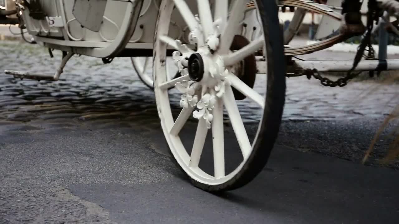 The white coach is riding down the street. Wedding. The road from the pavers