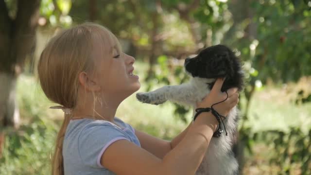 Little girl with a puppy in garden. A puppy in the hands of a girl