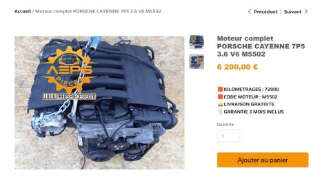 AEPSPIECES.COM - Moteur complet PORSCHE CAYENNE 7P5 3.6 V6 M5502