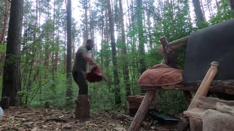 My first Dugout in the Woods, Thunderstorm and Rain, forest camp no talking