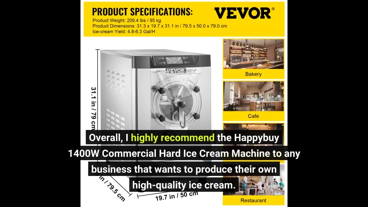 Happybuy 1400W Commercial Hard Ice Cream Machine 20/5.3Gallon Per Hour Perfect for Restaurants...