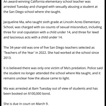 San Diego Elementary School Teacher Of The Year Charged With S*xually Abusing Child Under Age Of 14