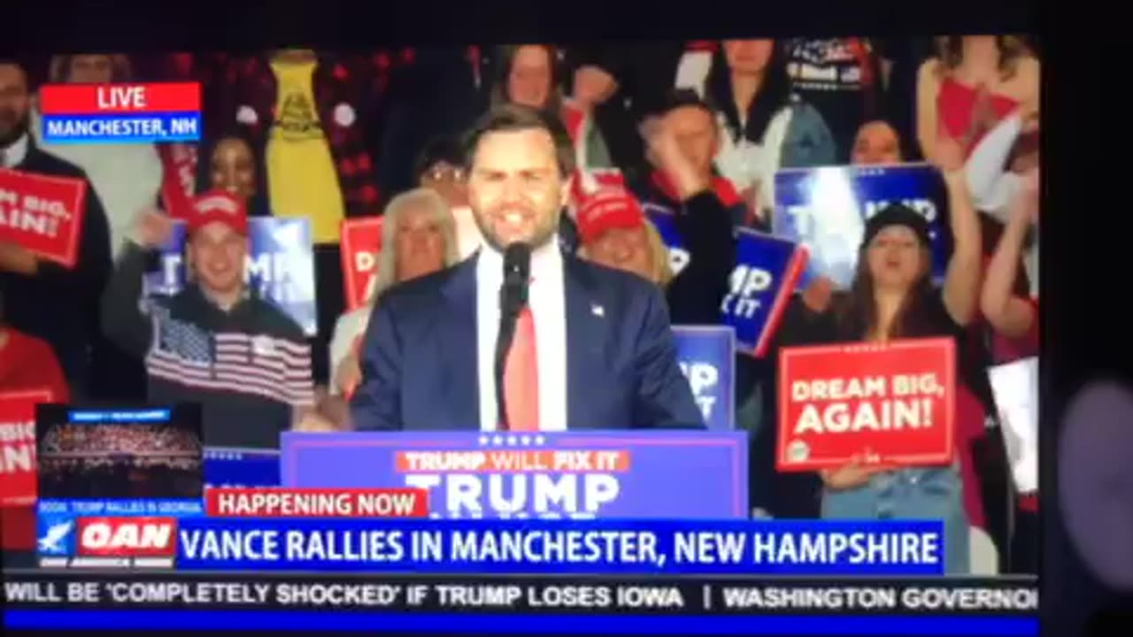 🦅 OAN Sunday 07:31 pm rally Manchester New Hampshirite JD Vance drill baby drill