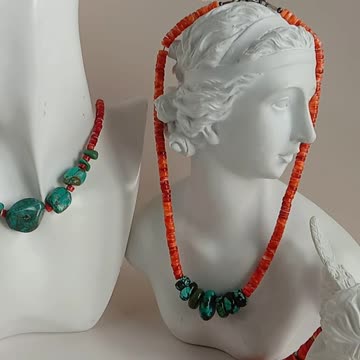 Natural turquoise heishi beads red spiny oyster necklace roundle beads orange spiny oyster choker 02