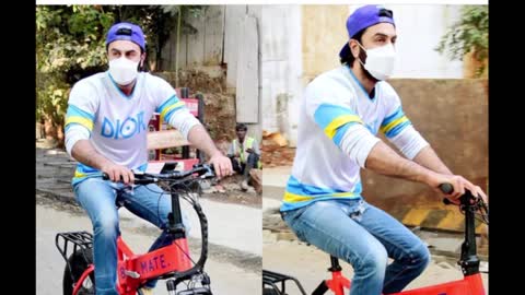 Ranbir Kapoor riding a cycle at his new house construction location