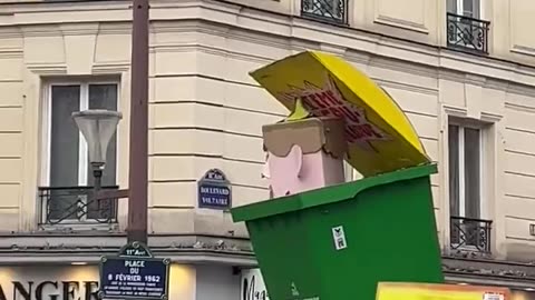 A demonstration in France with "Macron" in the bin