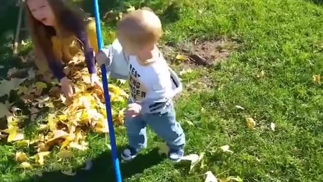 Baby Cleaning Their Backyard